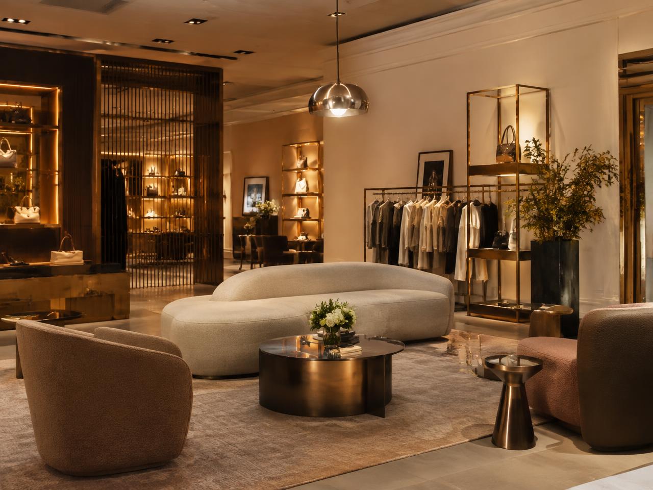 Luxury boutique showroom with curved ivory sofa and bronze display shelving