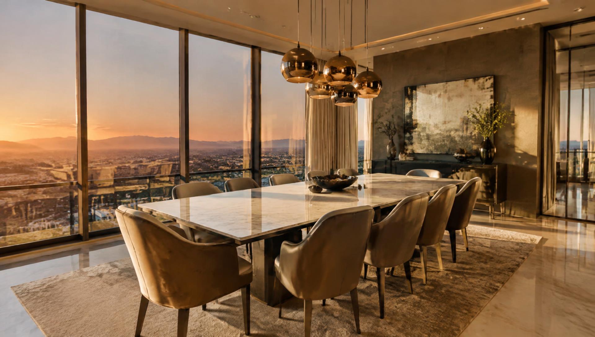 Elegant condo dining room with marble table overlooking the Las Vegas valley at sunset