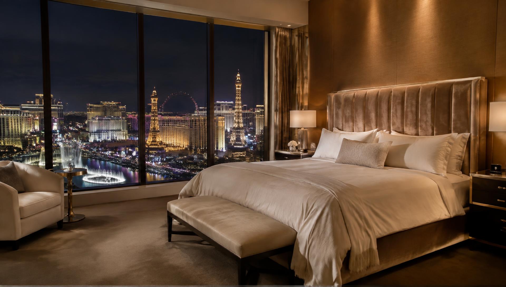 Penthouse bedroom with floor-to-ceiling windows above the Las Vegas Strip at night