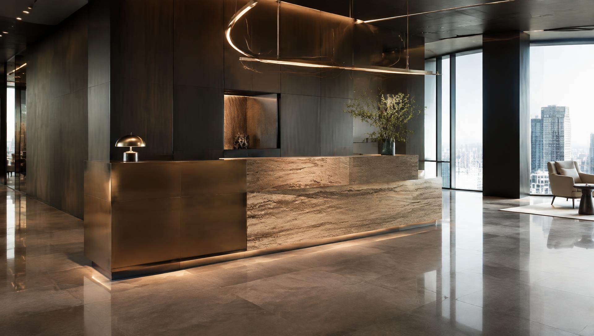 Modern commercial reception area with bronze and stone finishes in a high-rise