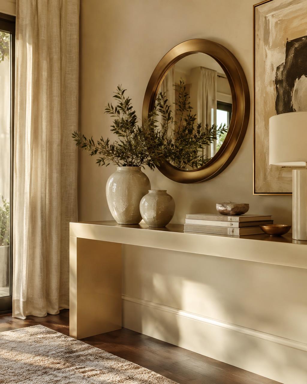 Styled console with bronze round mirror, ceramic vases, and abstract art